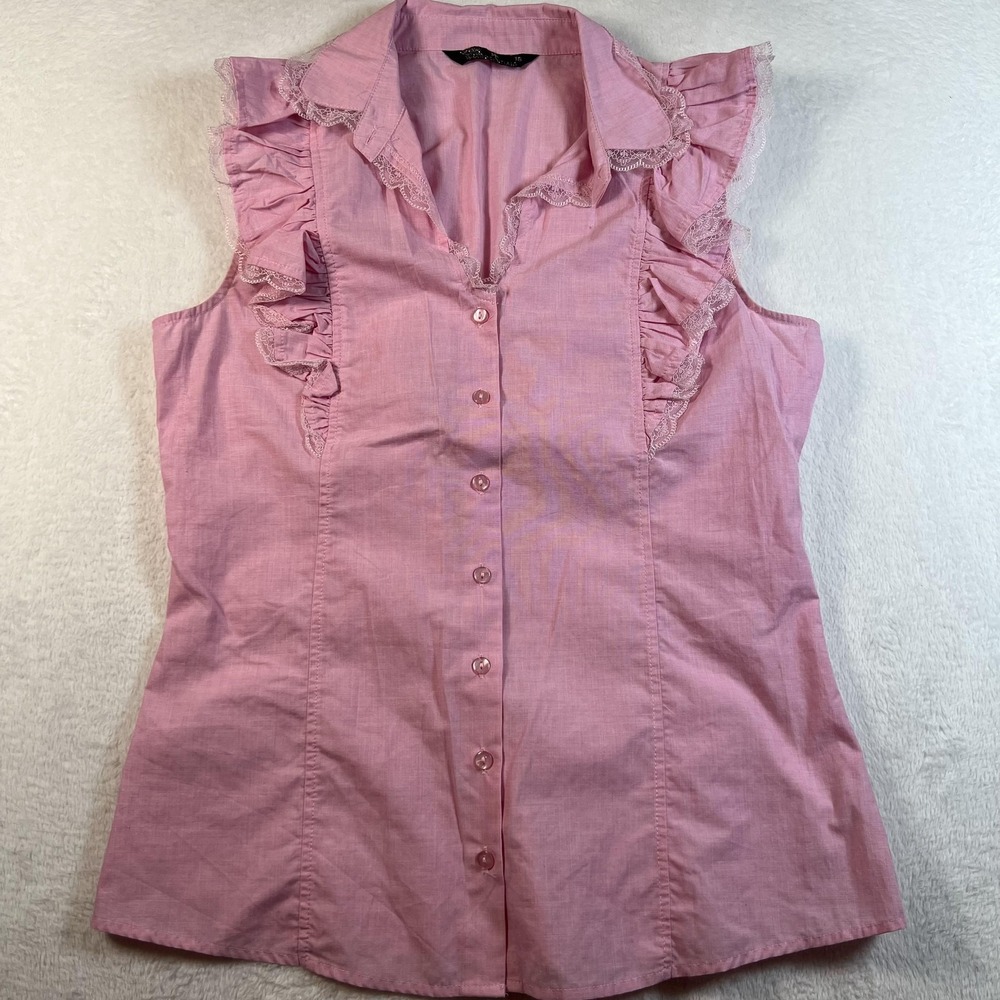 MS ESSENTIALS Blouse Womens 16 Pink Collared Sleeveless Ruffle Lace Button Front
